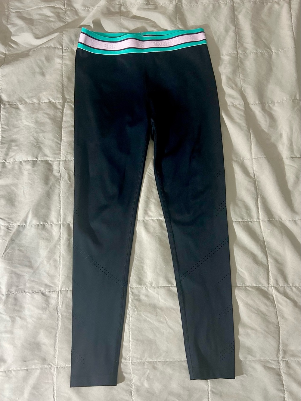 Barry’s Fit Black Leggings, Striped Waistband, Perforated Legs, Women’s Medium